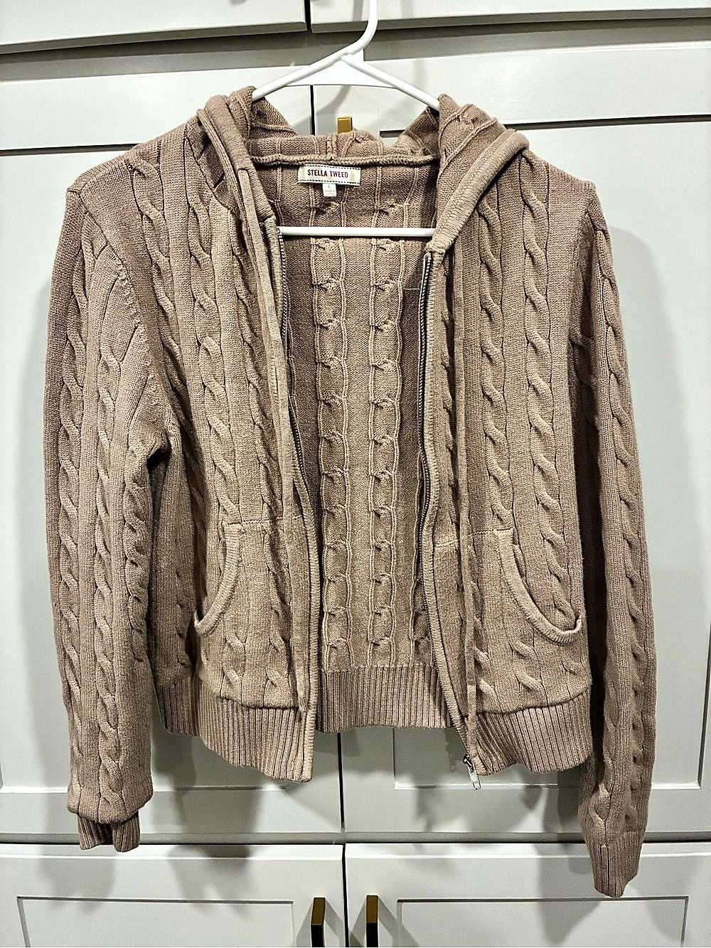 Stella Tweed Cable Knit Zip-Up Hoodie Brown Large